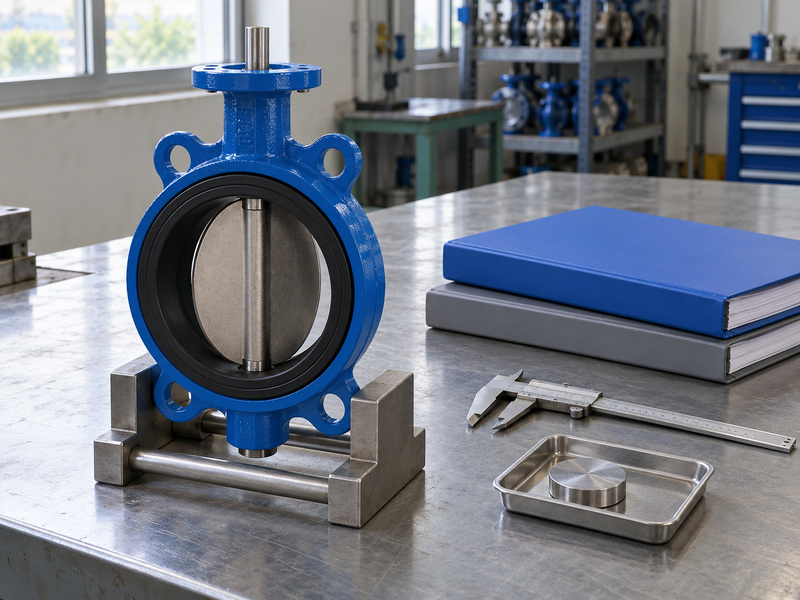 EN resilient seated butterfly valve and closed technical folders on a buyer-document review bench