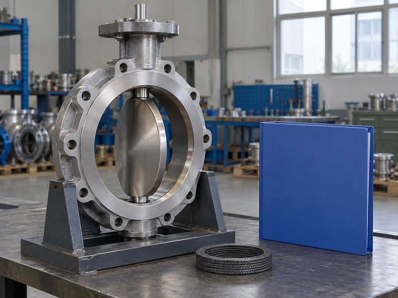 Illustrative flame safe metal seat butterfly valve claim review with a partly open valve on a stable support, separate dark packing rings, and a closed plain folder.