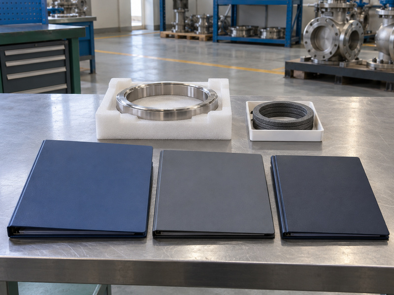 Illustrative flame safe metal seat butterfly valve reference-document review with three closed plain folders, a protected metal ring, and separate dark packing rings.