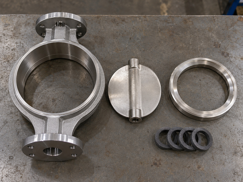 Illustrative flame safe metal seat butterfly valve configuration review with a separate bare body, a detached disc with a diametral hub, a metal ring, and dark packing rings on a preparation bench.