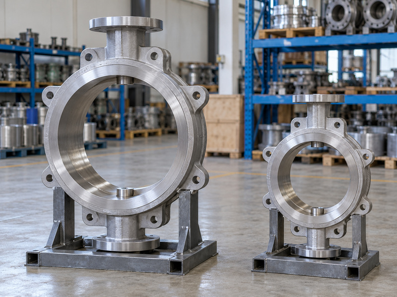Illustrative flame safe metal seat butterfly valve scope review with two differently sized bare valve bodies on separate stable supports.