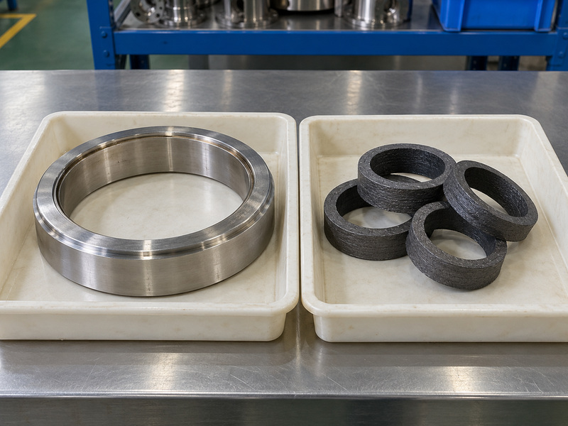 Illustrative flame safe metal seat butterfly valve component review with a metal contact ring and separate dark shaft-packing rings in individual trays.