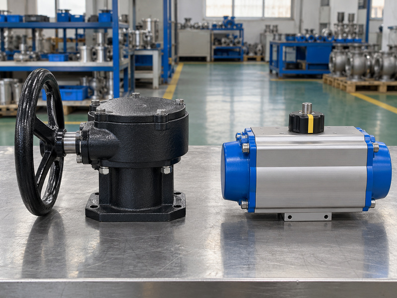 Illustrative flame safe metal seat butterfly valve drive-package review with a separate manual handwheel gearbox and a pneumatic quarter-turn actuator on a workshop bench.