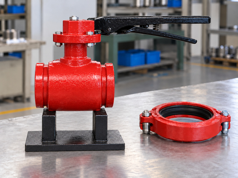 Illustrative flame safe metal seat butterfly valve interface review showing a side view of a grooved-end water-service valve with coaxial pipe ends, a stable support, and a separate coupling.