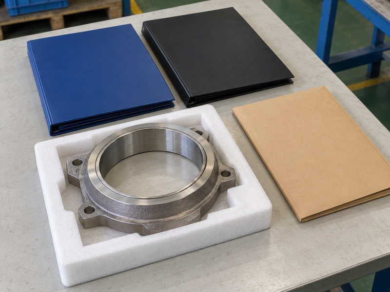 Illustrative flame safe metal seat butterfly valve purchasing-release review with a protected lugged metal component, two closed plain folders, and a blank document envelope.