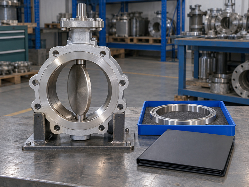 Illustrative flame safe metal seat butterfly valve final-evidence review with a partly open valve on a stable support, a protected metal ring, and a closed plain folder.