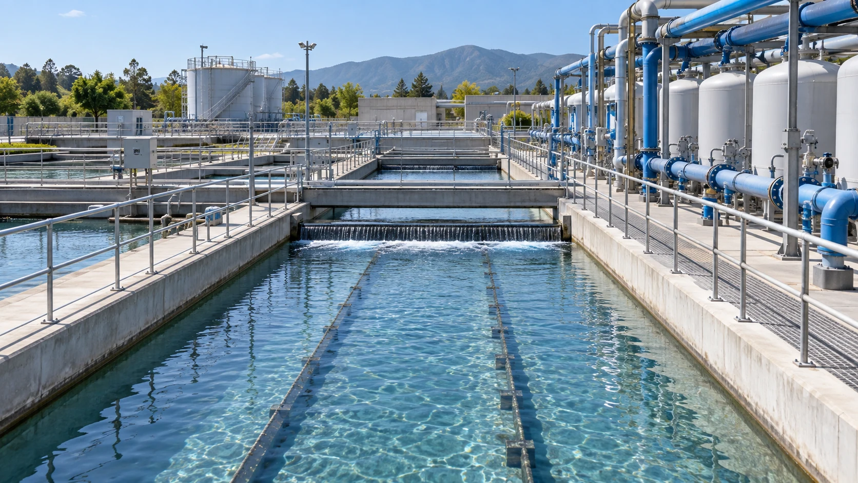 Operational water reclamation facility with clarified-water channels, filtration equipment, and supported transfer piping.