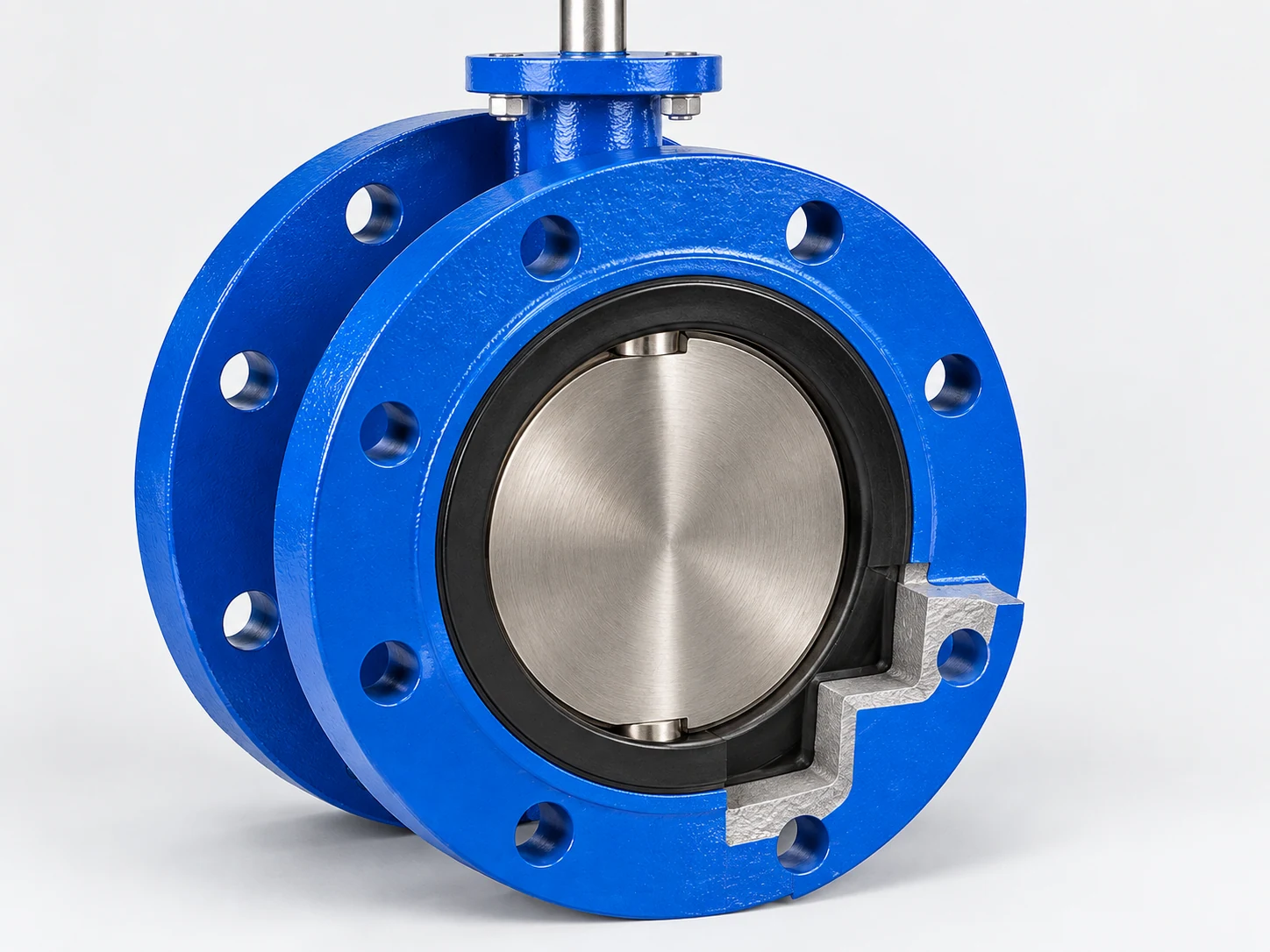 Sectional view showing the metal butterfly disc contacting a black resilient seat inside the blue flanged valve body.