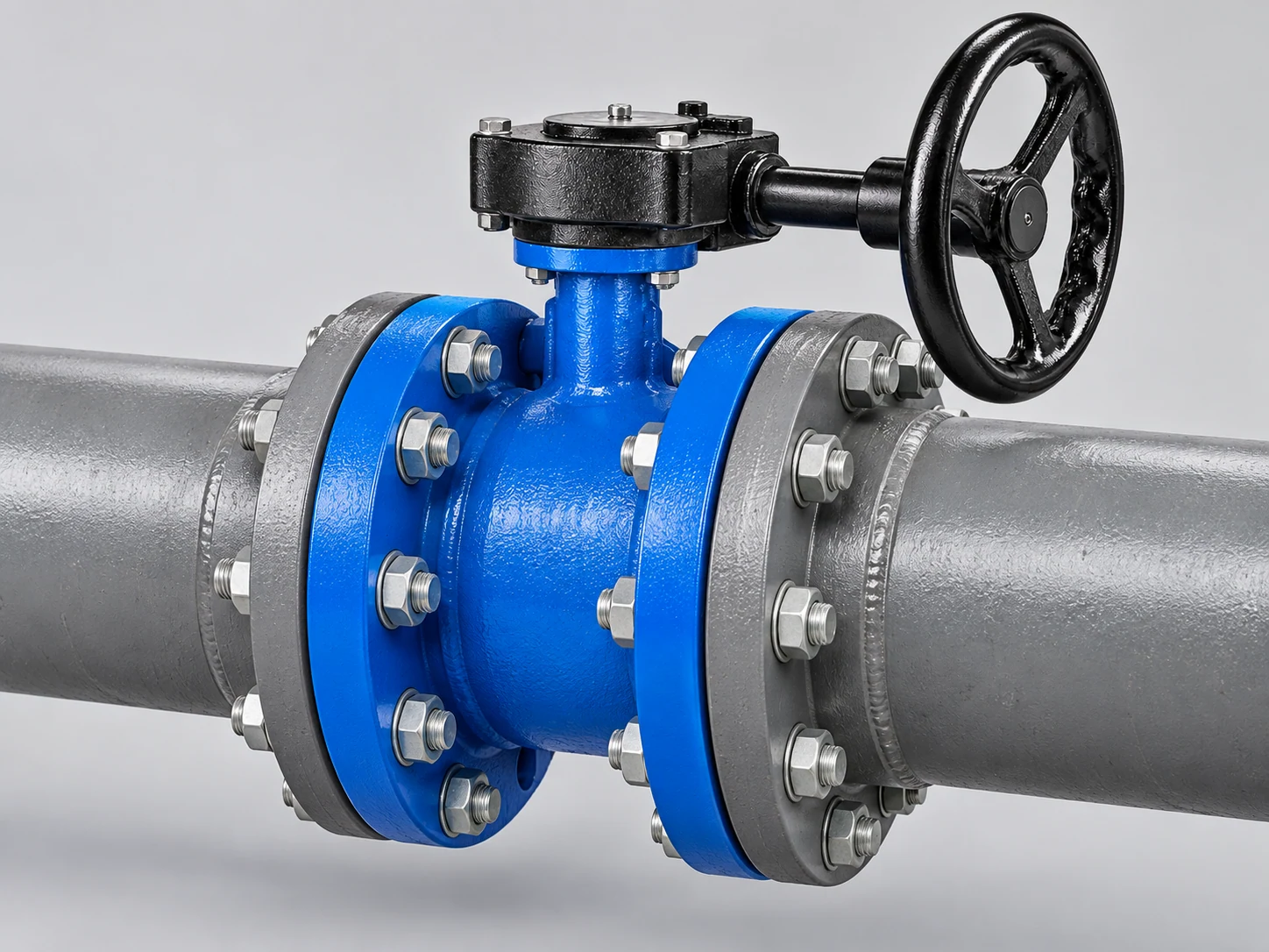 Double-flanged butterfly valve installed between mating pipe flanges with separate bolted joints on each end.