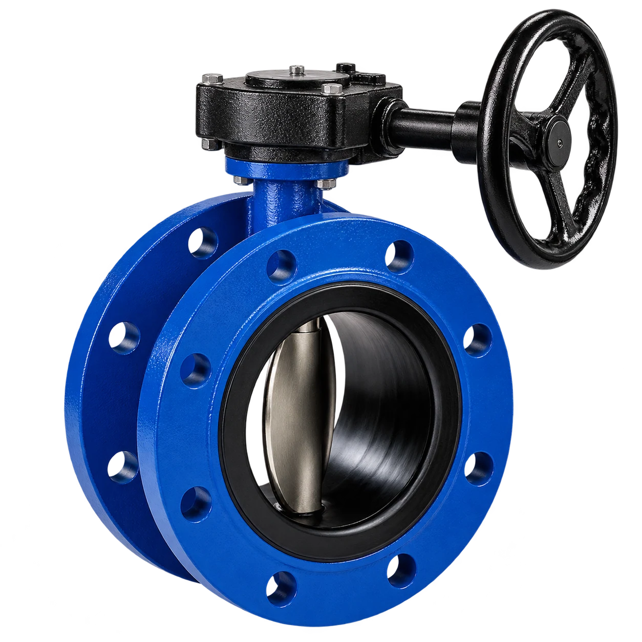 Blue double-flanged butterfly valve with integral circular flanges, a metal disc, black resilient seat, and worm gearbox.