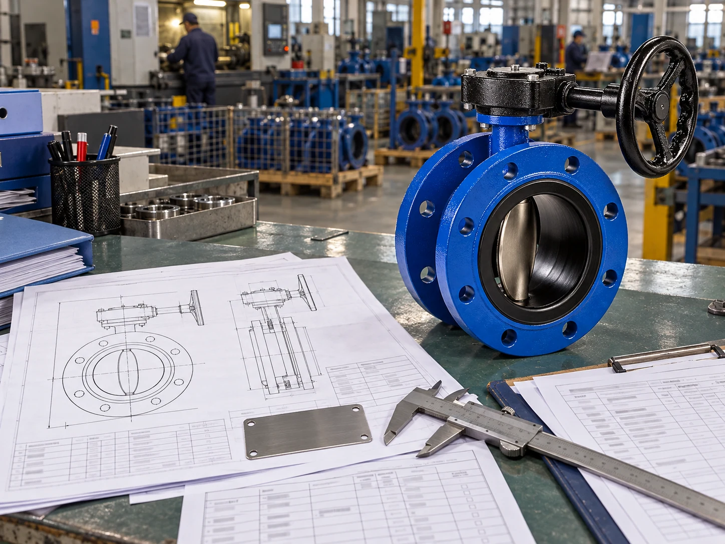 Factory engineering desk with butterfly-valve arrangement drawings, inspection records, calipers, and traceability paperwork.