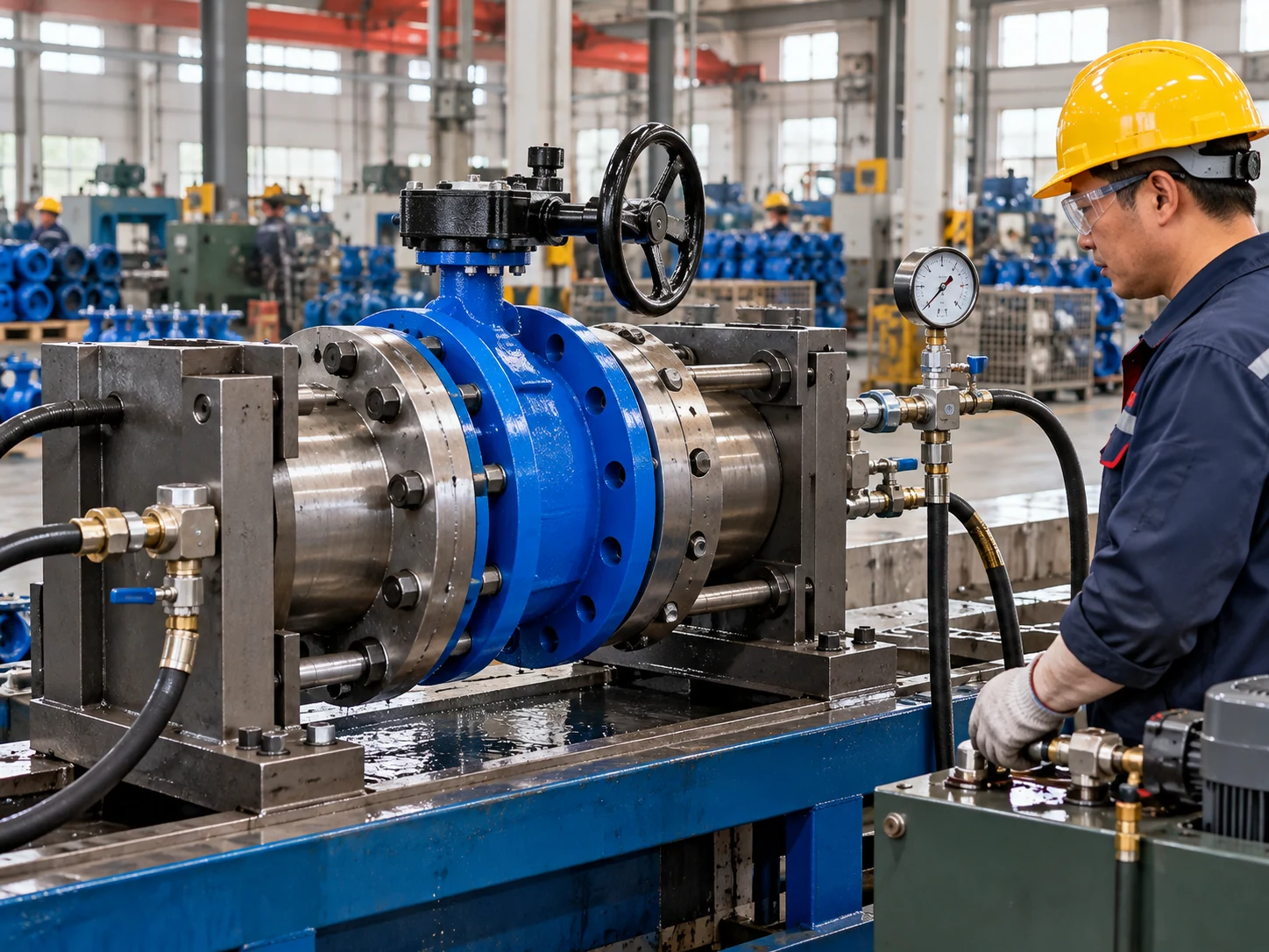 Double-flanged butterfly valve secured between hydrostatic test fixtures in an operating valve manufacturing workshop.