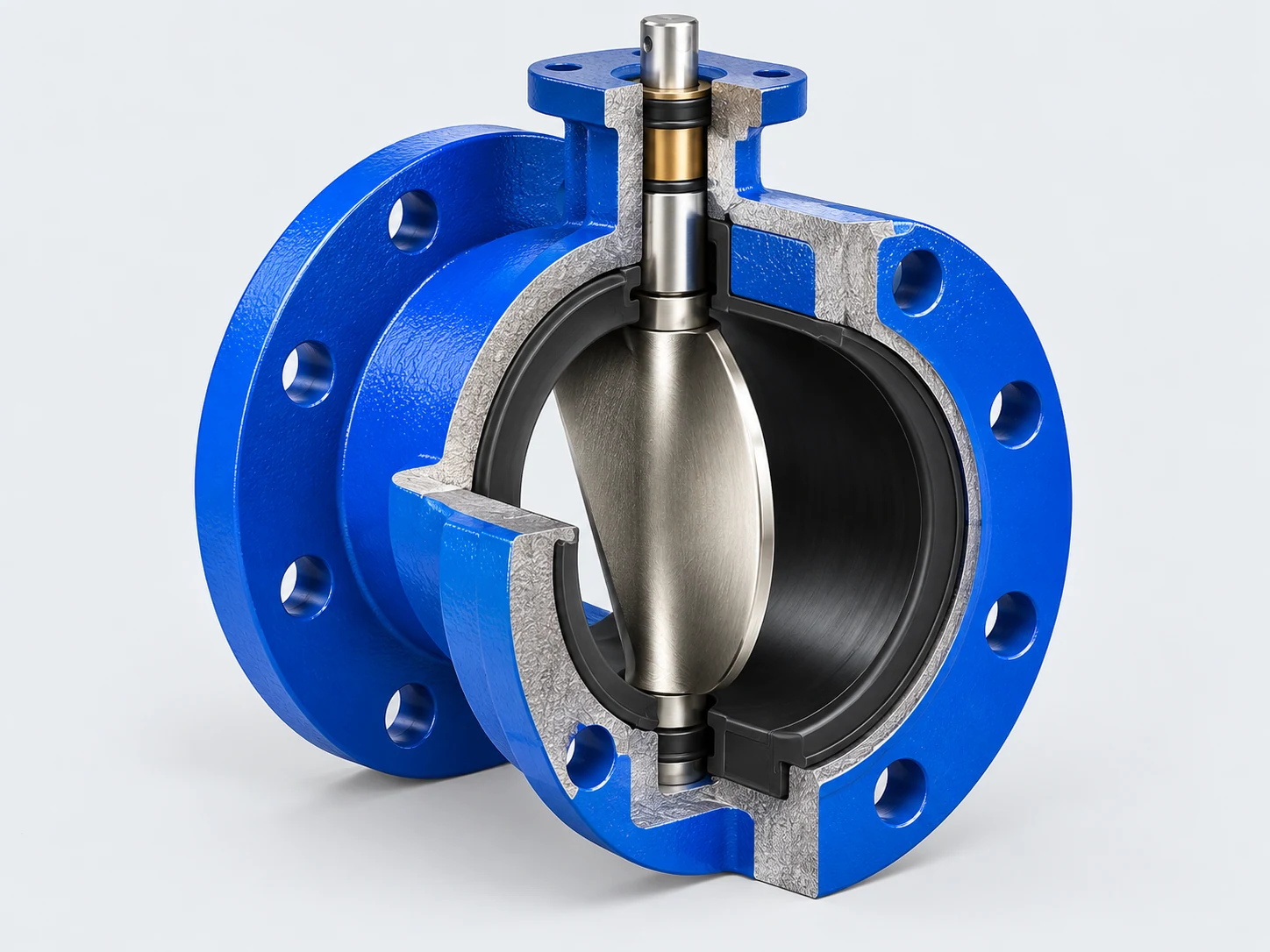 Cutaway of a double-flanged butterfly valve showing the cast body, metal disc and stem, resilient seat, and shaft support.