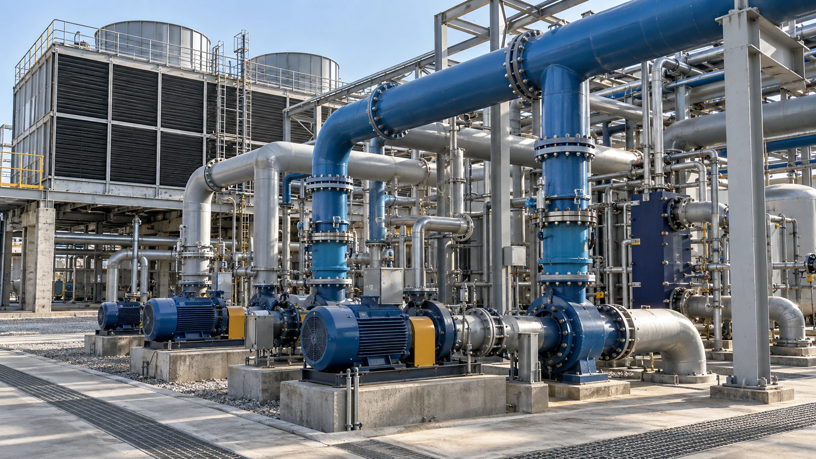 Industrial water circulation area with heat-exchange equipment, pumps, supported headers, and return lines.