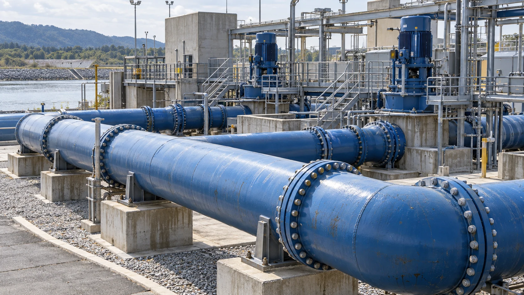 Large-diameter water transmission mains on concrete supports with service platforms and connected pumping infrastructure.