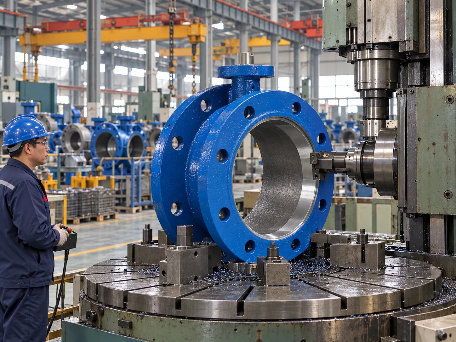 Large integral double-flanged valve body secured for machining in an established industrial workshop.