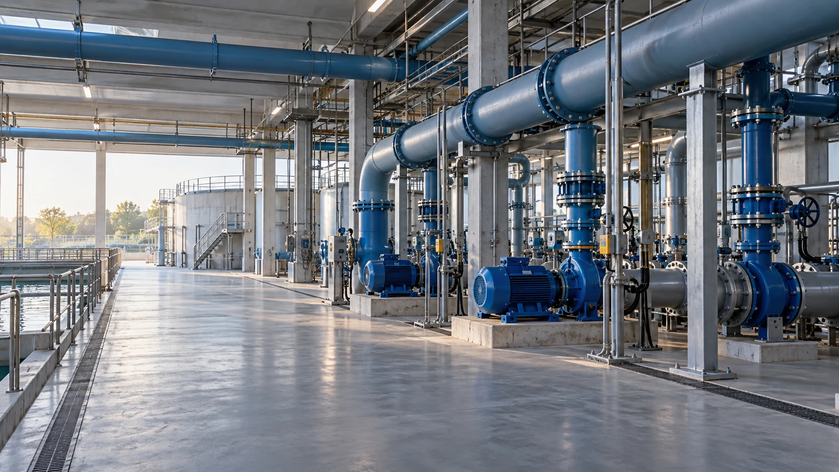 Wide waterworks view with distribution headers, circulation equipment, and an organized operating area.