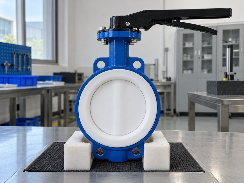 fluoropolymer butterfly valves manufacturer: closed white-lined butterfly valve for configuration review.