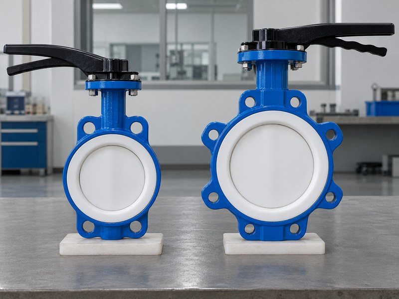 fluoropolymer butterfly valves manufacturer: two white-lined valve assemblies for construction comparison.