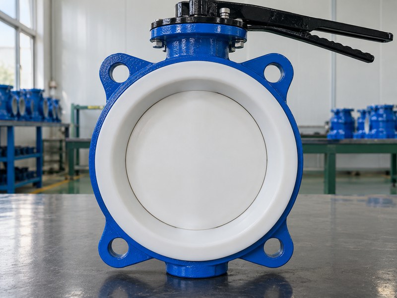 fluoropolymer butterfly valves manufacturer: closed white disc and surrounding lining at the flow passage.