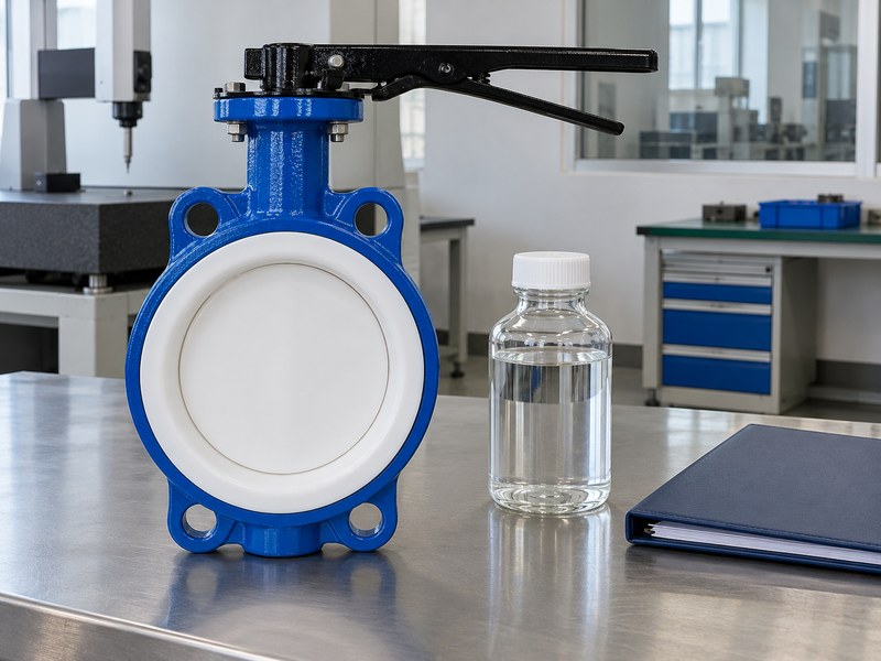 fluoropolymer butterfly valves manufacturer: lined assembly and sealed sample bottle for fluid-data review.