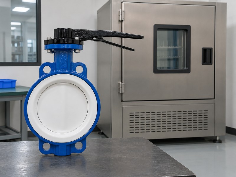 fluoropolymer butterfly valves manufacturer: valve outside a closed chamber before temperature qualification.