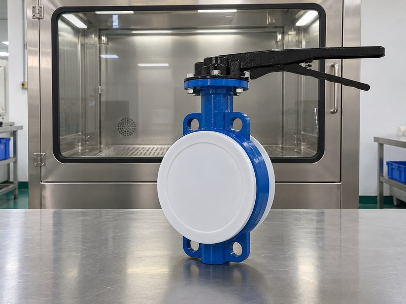 fluoropolymer butterfly valves manufacturer: protected valve outside a closed cabinet before vacuum qualification.