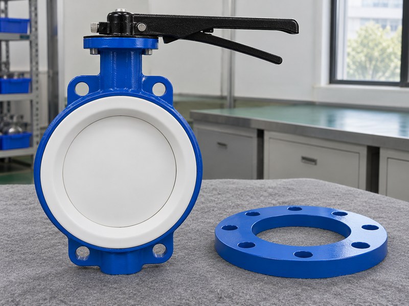 fluoropolymer butterfly valves manufacturer: lined valve and loose flange for clamping-load review.