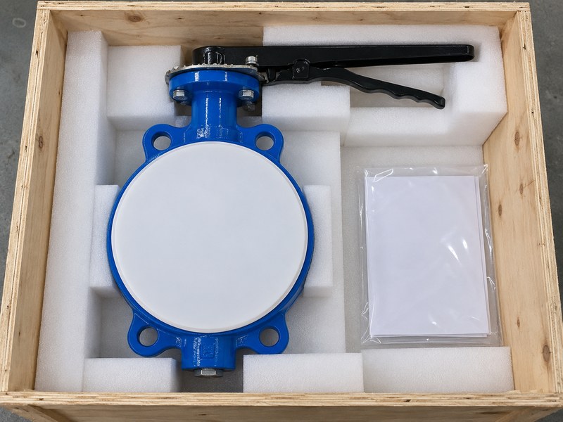 fluoropolymer butterfly valves manufacturer: valve with a visible protective face cover during document and packing review.