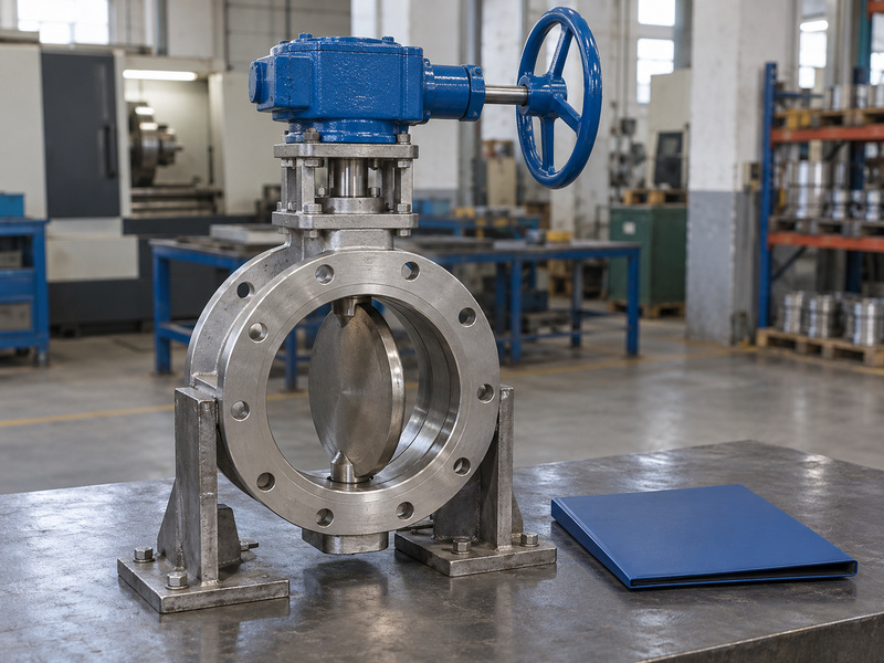 Illustrative gear operated metal to metal seated butterfly valve manufacturer package-responsibility review with a static supported valve, a manual gearbox, and a closed plain folder.