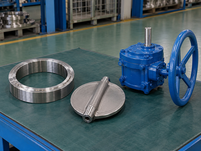 Illustrative gear operated metal to metal seated butterfly valve manufacturer load-evidence review with a separate metal ring, detached disc, and unmounted handwheel gearbox.