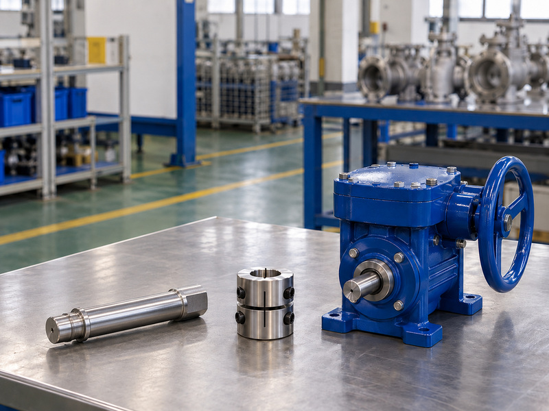 Illustrative gear operated metal to metal seated butterfly valve manufacturer drive-limit review with a straight shaft, a separate coupling, and a closed unmounted manual gearbox.