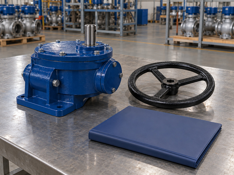 Illustrative gear operated metal to metal seated butterfly valve manufacturer rating-evidence review with a closed manual gearbox, a separate handwheel, and a closed plain technical folder.