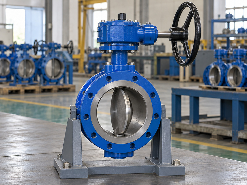 Illustrative gear operated metal to metal seated butterfly valve manufacturer controlled-setting review with a static supported valve-and-gear assembly, a closed gearbox housing, and no adjustment tools.