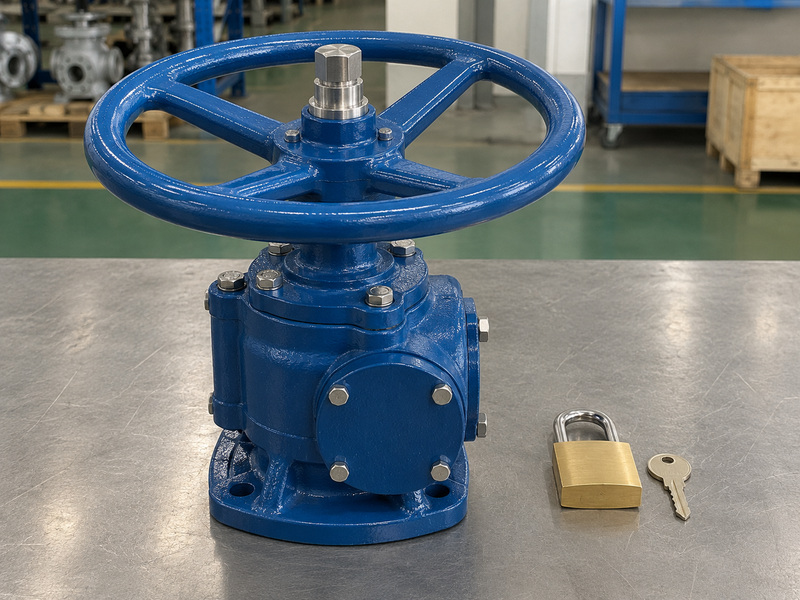 Illustrative gear operated metal to metal seated butterfly valve manufacturer effort-and-locking review with a static handwheel gearbox and a separate plain padlock and key.