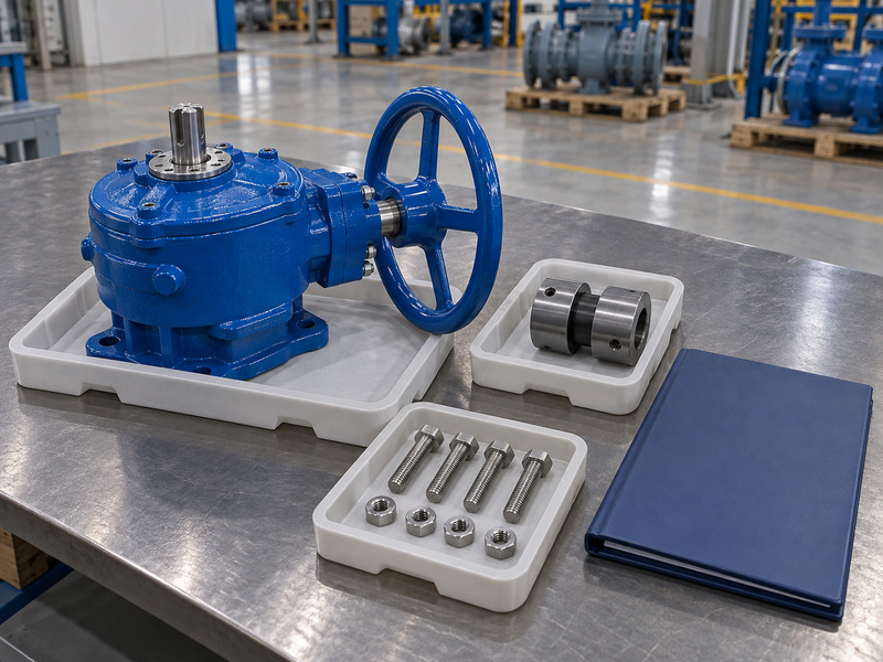 Illustrative gear operated metal to metal seated butterfly valve manufacturer compatibility review with an unmounted gearbox, a separate protected coupling, fasteners in another tray, and a closed plain folder.