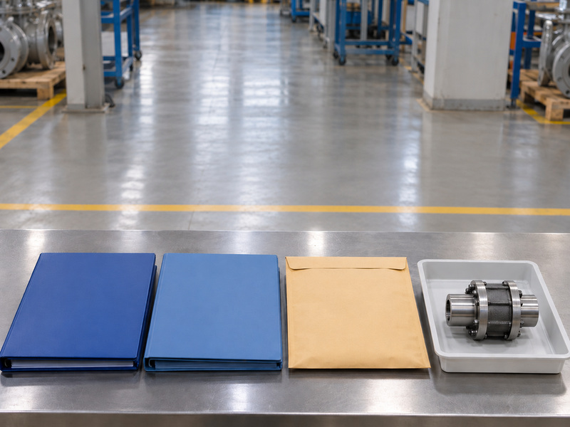 Illustrative gear operated metal to metal seated butterfly valve manufacturer supplier-handover review with two closed plain folders, a sealed document pouch, and a separate protected coupling.