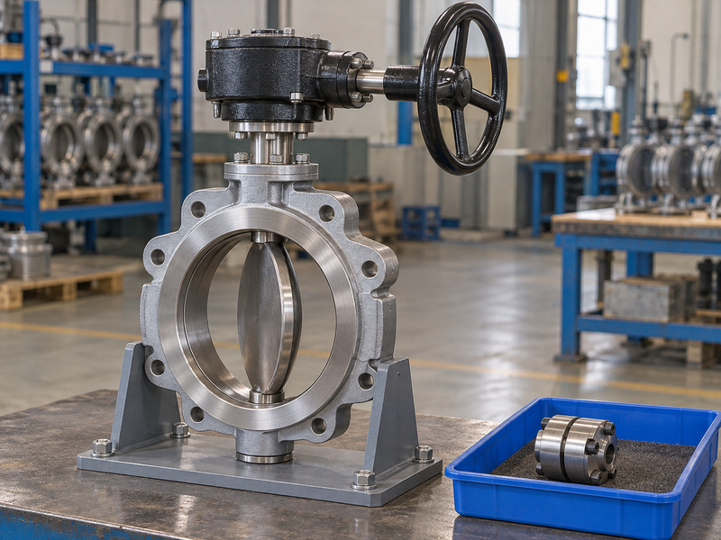 Illustrative gear operated metal to metal seated butterfly valve manufacturer final-package review with a complete static valve-and-gear assembly on a stable support and a separate protected coupling spare.