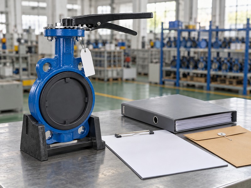 good quality butterfly valve dn80 — Capped wafer butterfly valve in a support cradle beside blank audit records