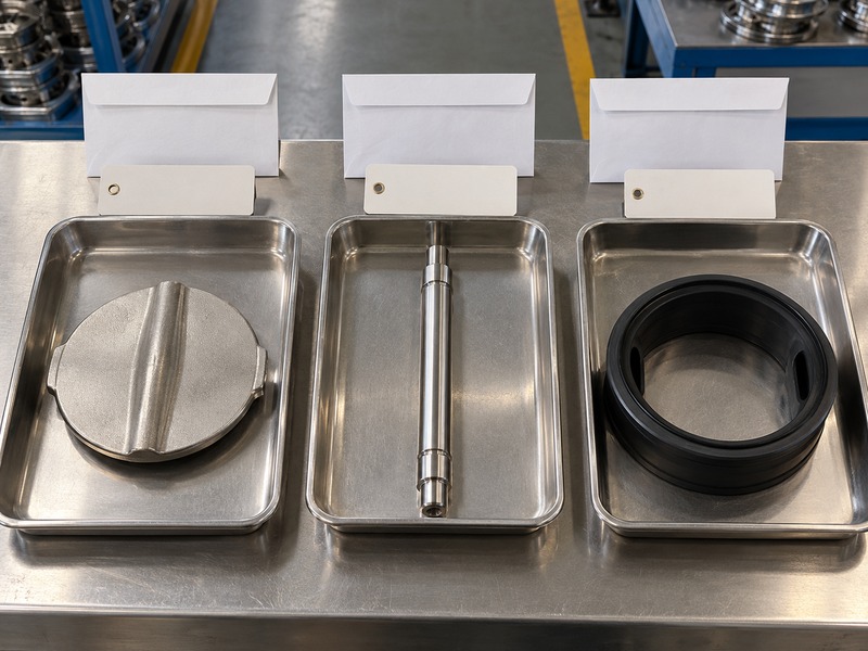 good quality butterfly valve dn80 — Separate butterfly valve disc, shaft and seat sleeve in trays beside blank traceability tags