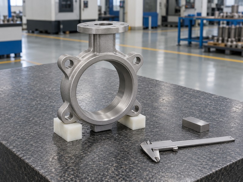 good quality butterfly valve dn80 — Bare four-hole wafer valve body on blocks beside a caliper and reference block