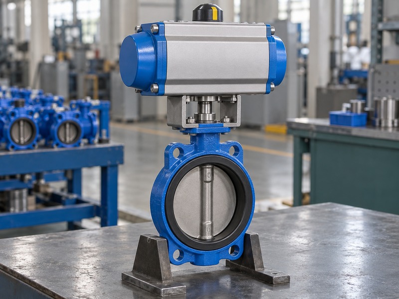 good quality butterfly valve dn80 — Wafer butterfly valve with bracket-mounted pneumatic actuator and visible aligned coupling