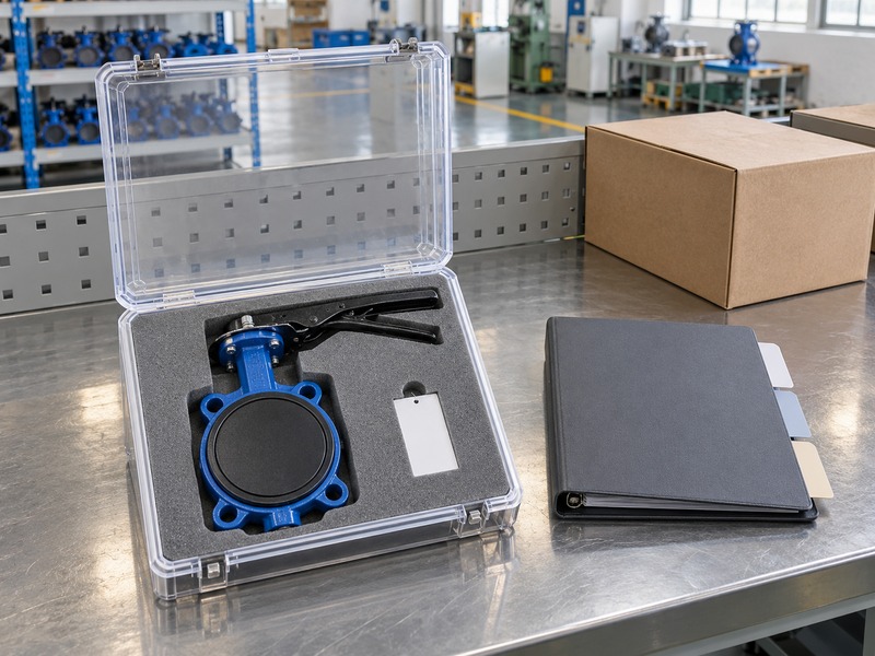 good quality butterfly valve dn80 — Capped valve sample in a clear foam-lined case beside a blank configuration binder