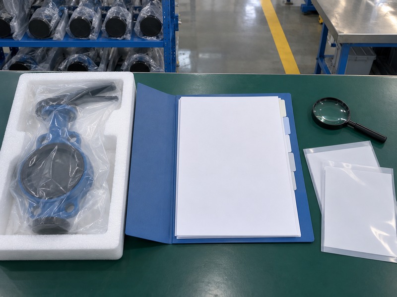 good quality butterfly valve dn80 — Bag-protected capped valve beside blank application records and a magnifier