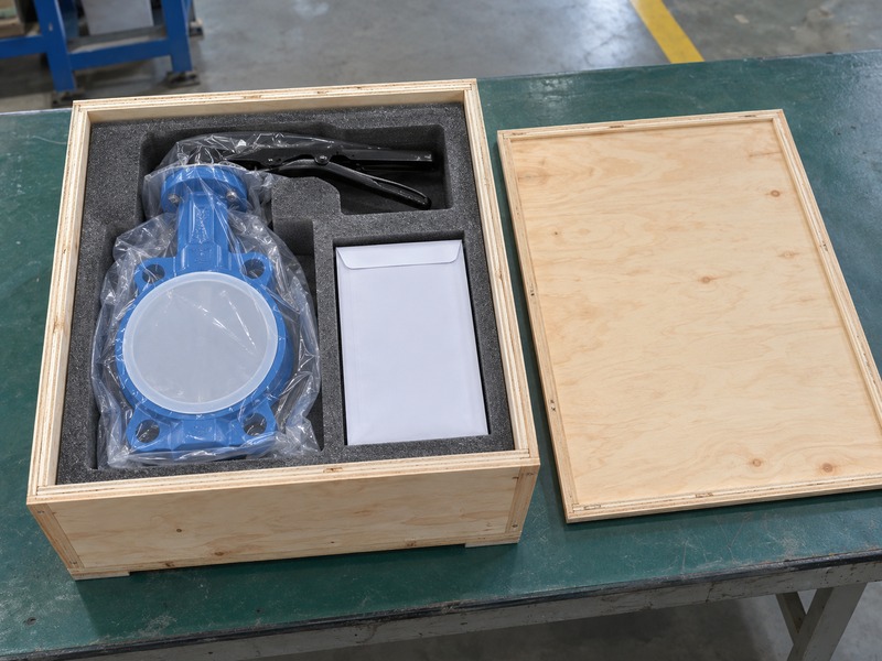 good quality butterfly valve dn80 — Bag-protected capped butterfly valve and blank envelope in a foam-lined wooden shipping crate
