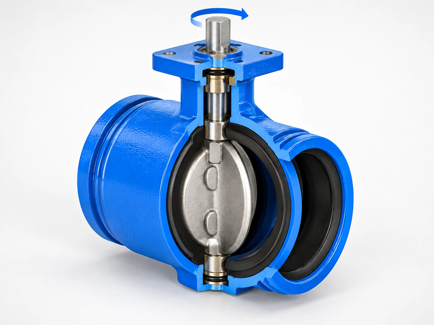 Grooved butterfly valve stem and top mounting interface illustrating quarter-turn torque transfer to the butterfly disc.