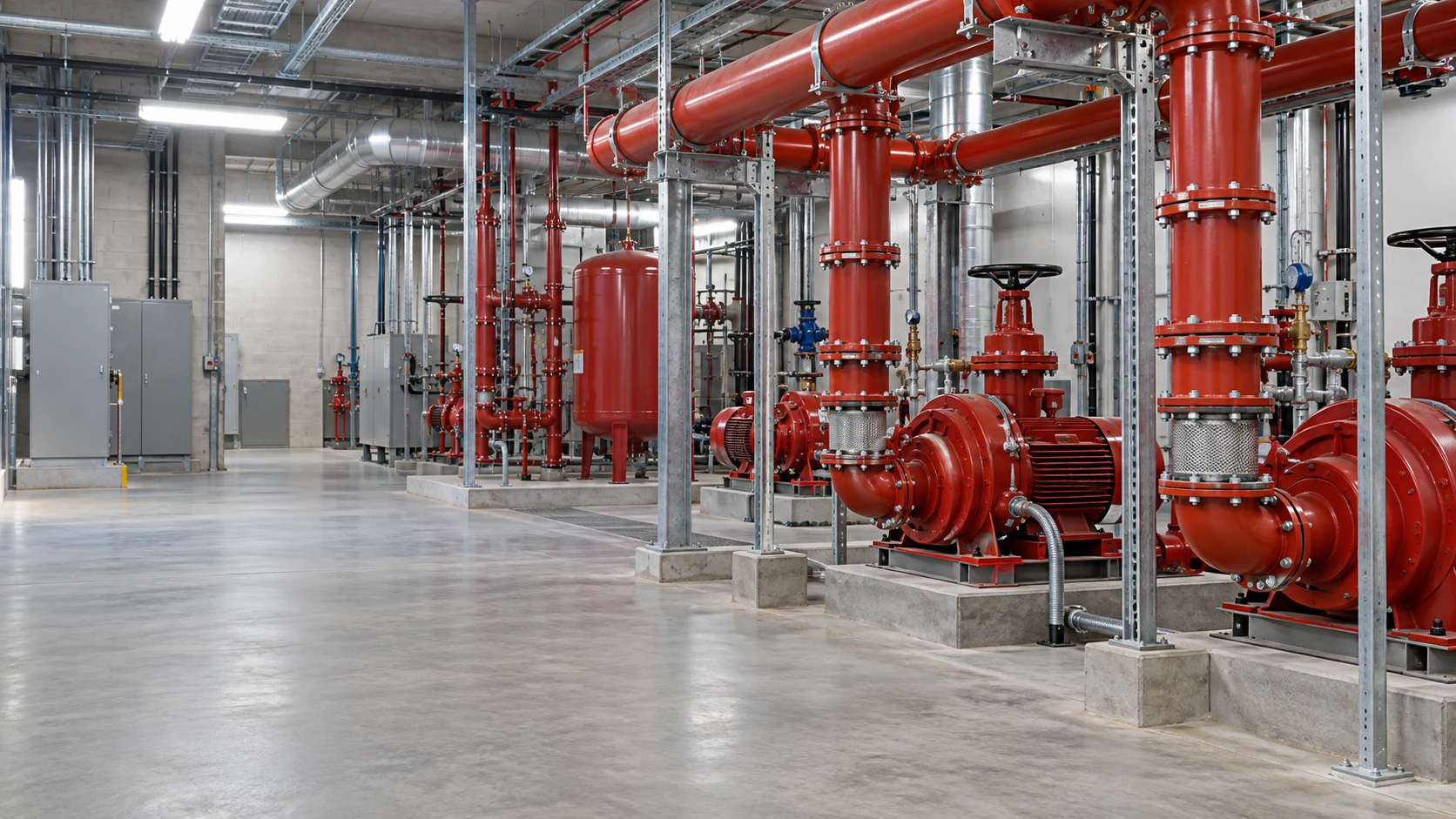 Wide commercial mechanical plant view with pipe networks, circulation equipment, and an organized working area.