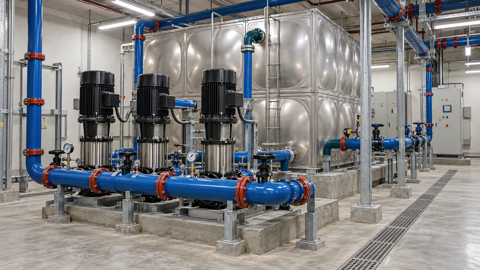 Commercial building water equipment room with booster pumps, storage equipment, and supported distribution piping.