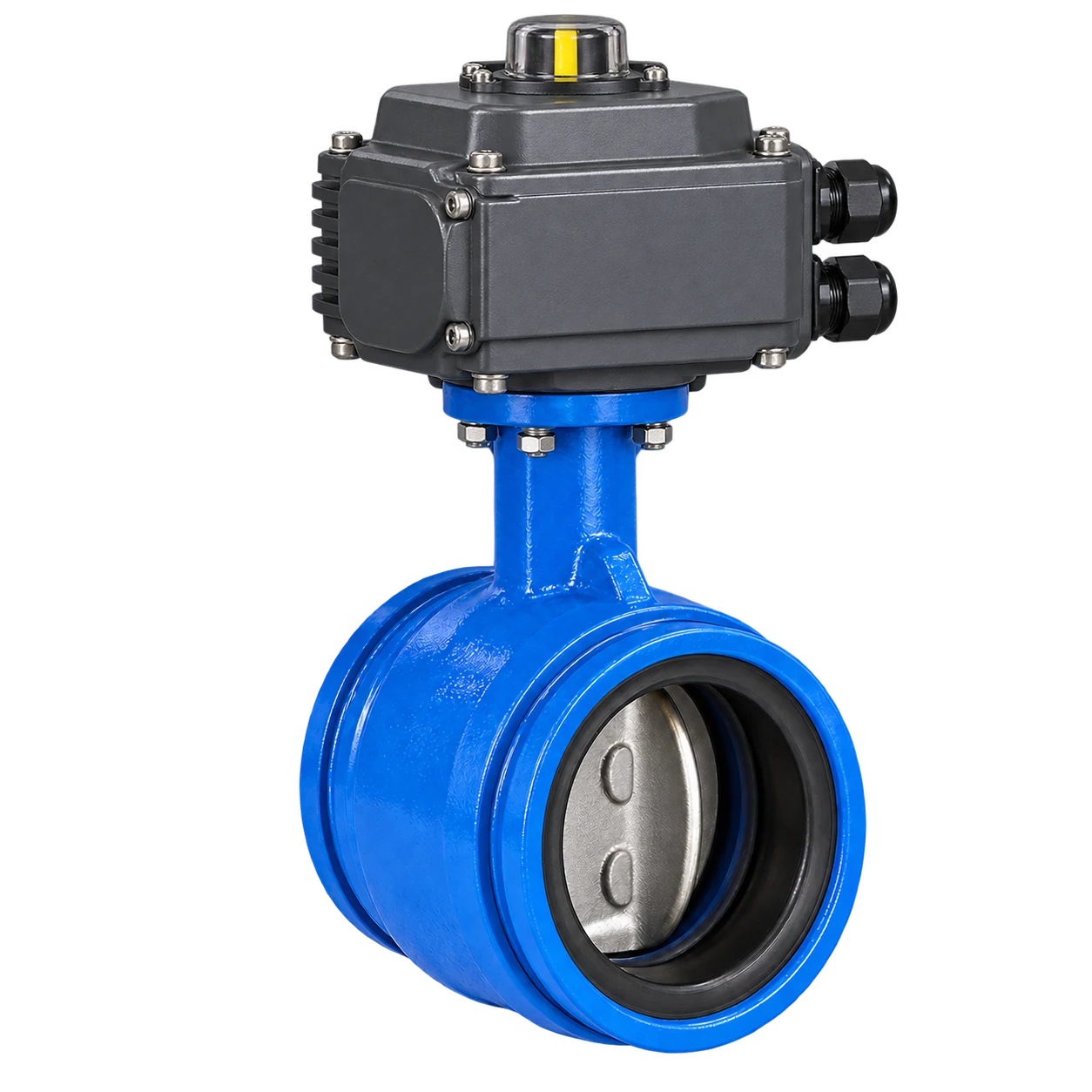 Grooved end butterfly valve with a compact electric quarter-turn actuator and cylindrical grooved connection ends.