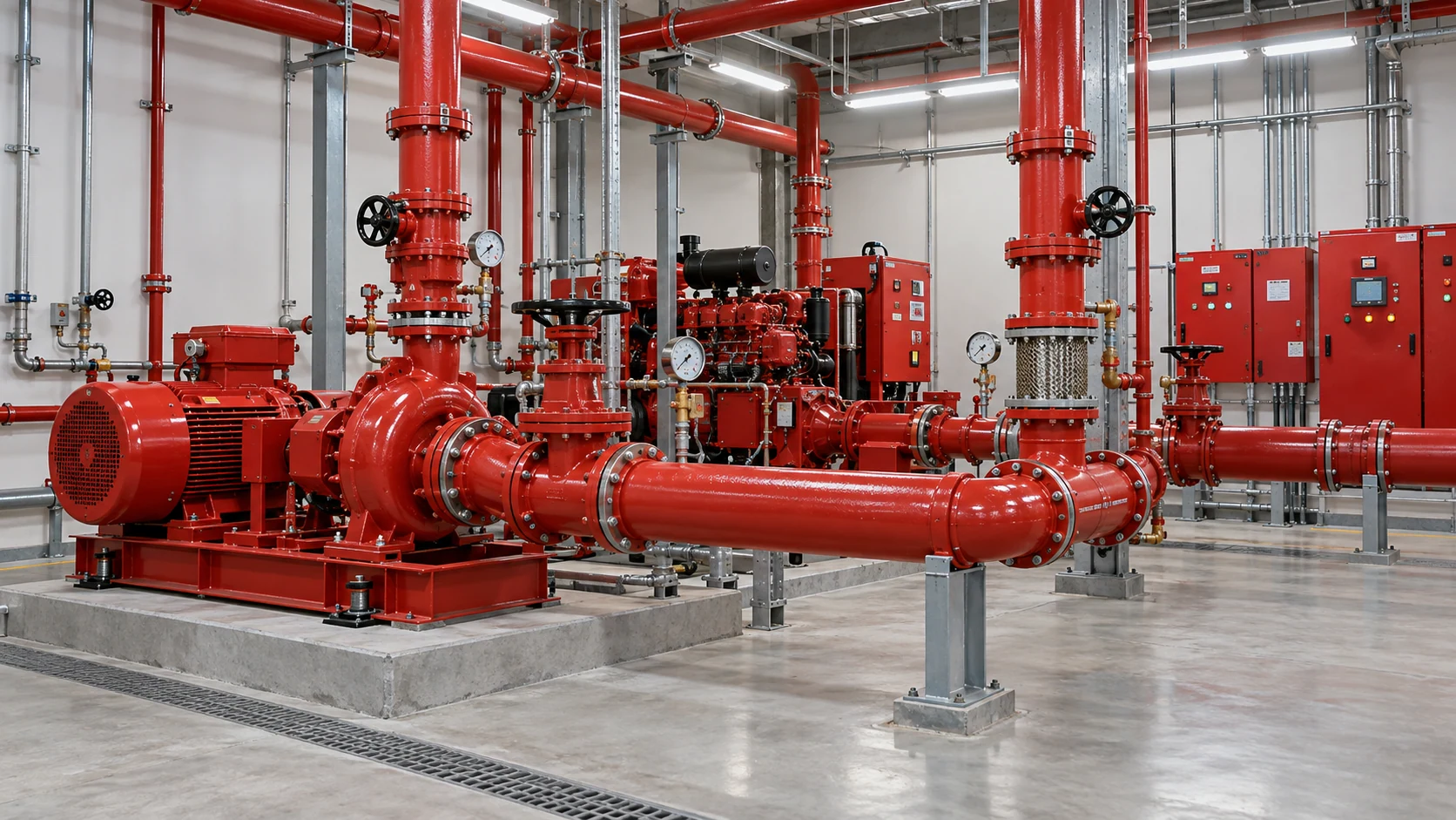 Fire sprinkler pump room with red steel mains, pumps, control equipment, and accessible service space.